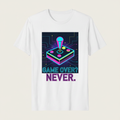 Retro arcade joystick graphic in purple and gold with Game Over Never text