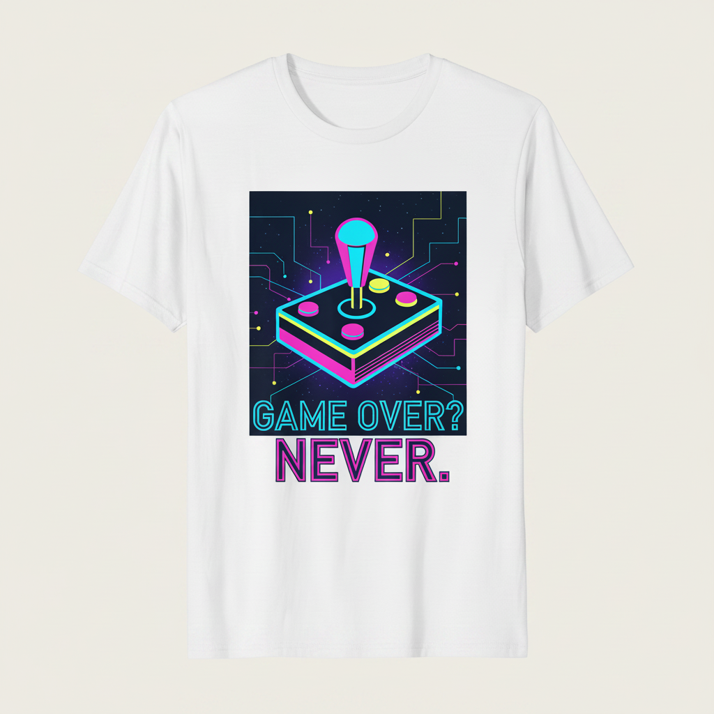Retro arcade joystick graphic in purple and gold with Game Over Never text