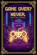 Cinematic retro pixel art arcade poster in purple and gold