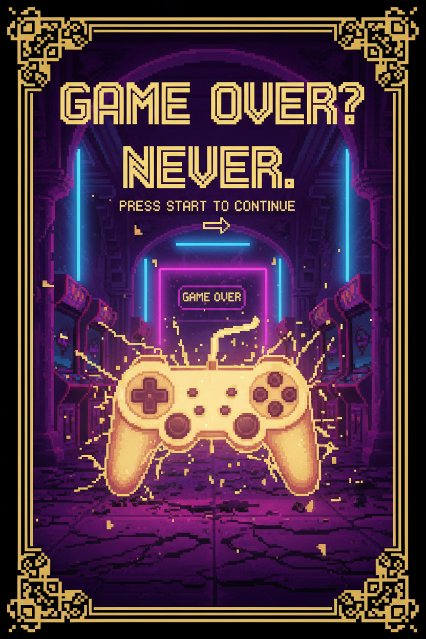 Cinematic retro pixel art arcade poster in purple and gold