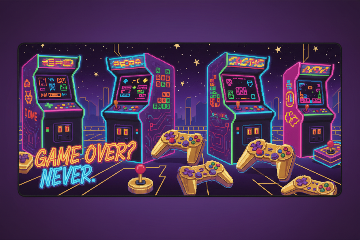 Wide format retro arcade desk mat in purple and gold with pixel art gaming elements