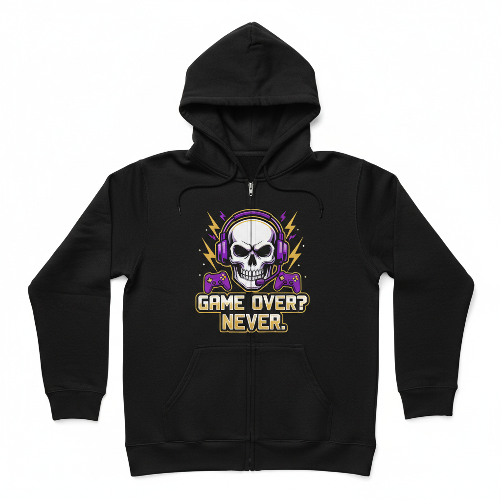 Game Over Zip-Up Hoodie with retro purple and gold gaming graphic
