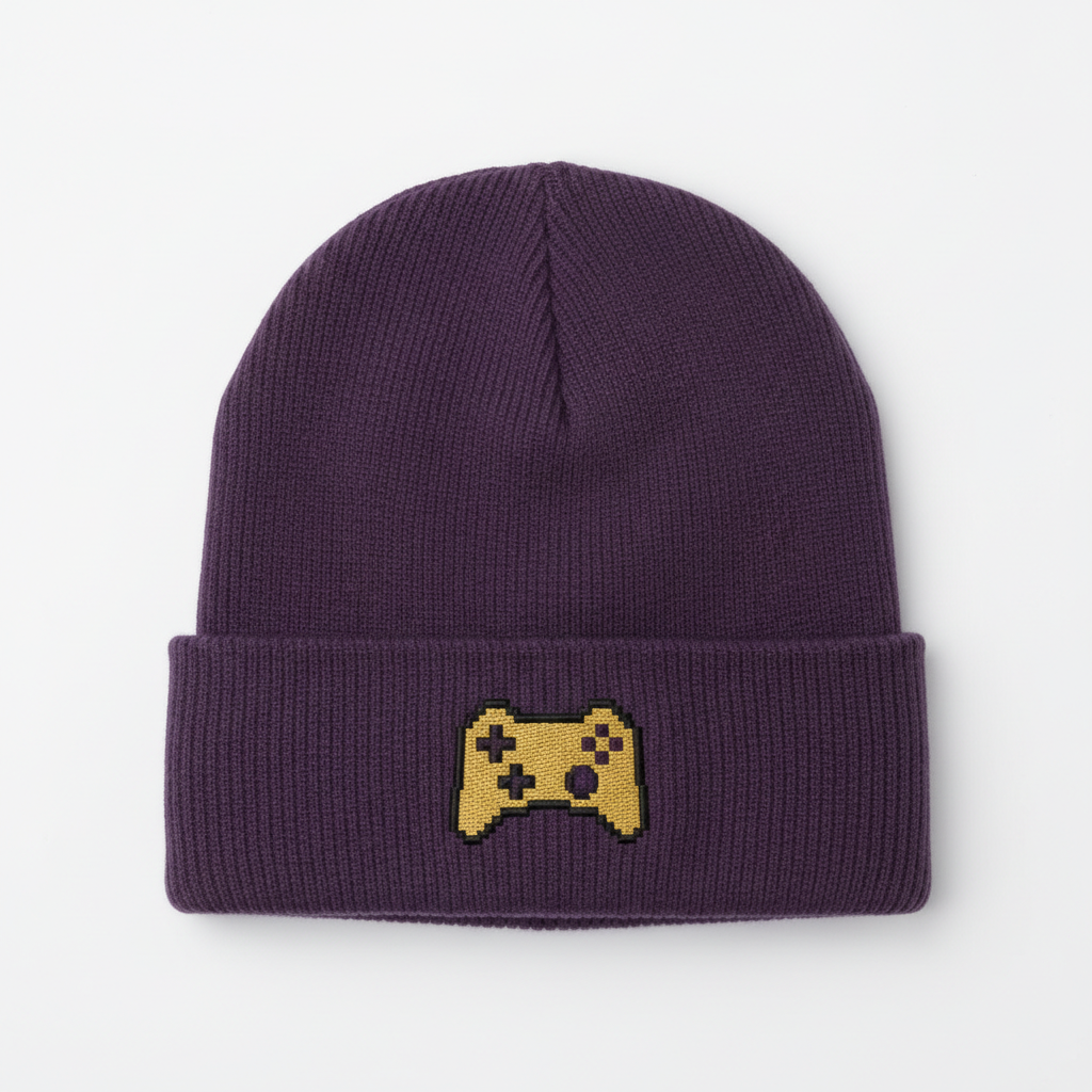 Minimalist purple beanie with gold pixel art game controller logo